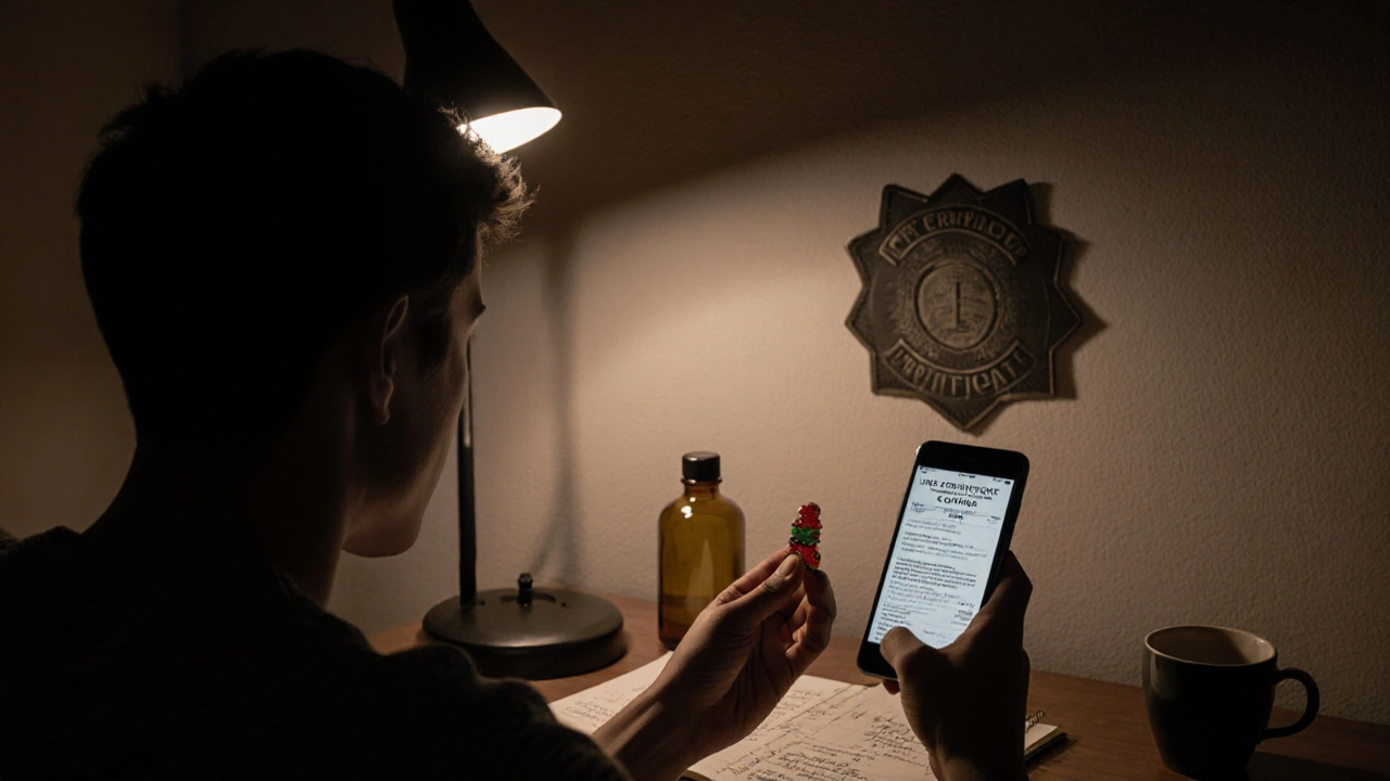 Junge Person mit HHC-Gummibärchen und Labortest auf dem Handy