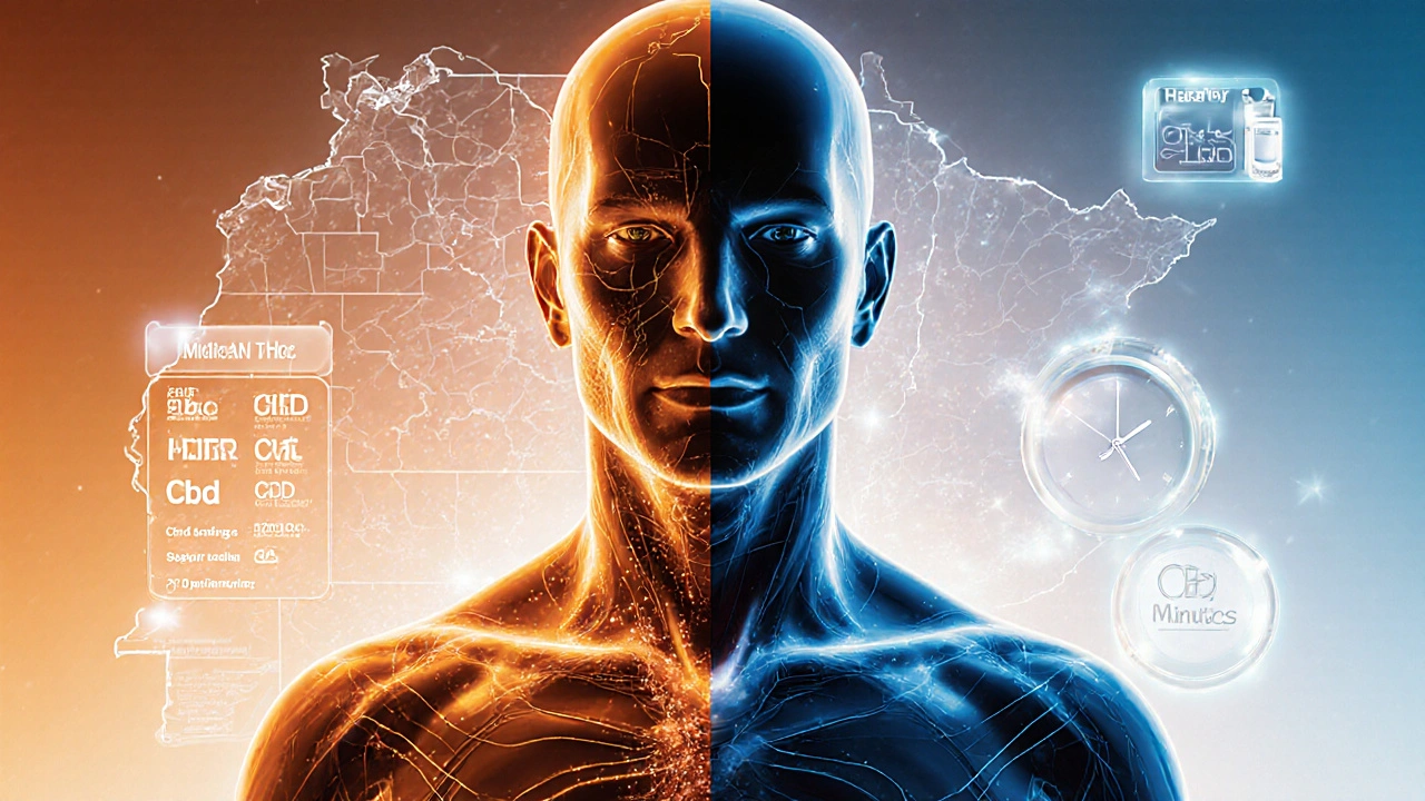 Konzeptuelles Bild: Körperhälfte mit THC-Energie, andere Hälfte mit CBD-Kalme, Michigan-Karte im Hintergrund.