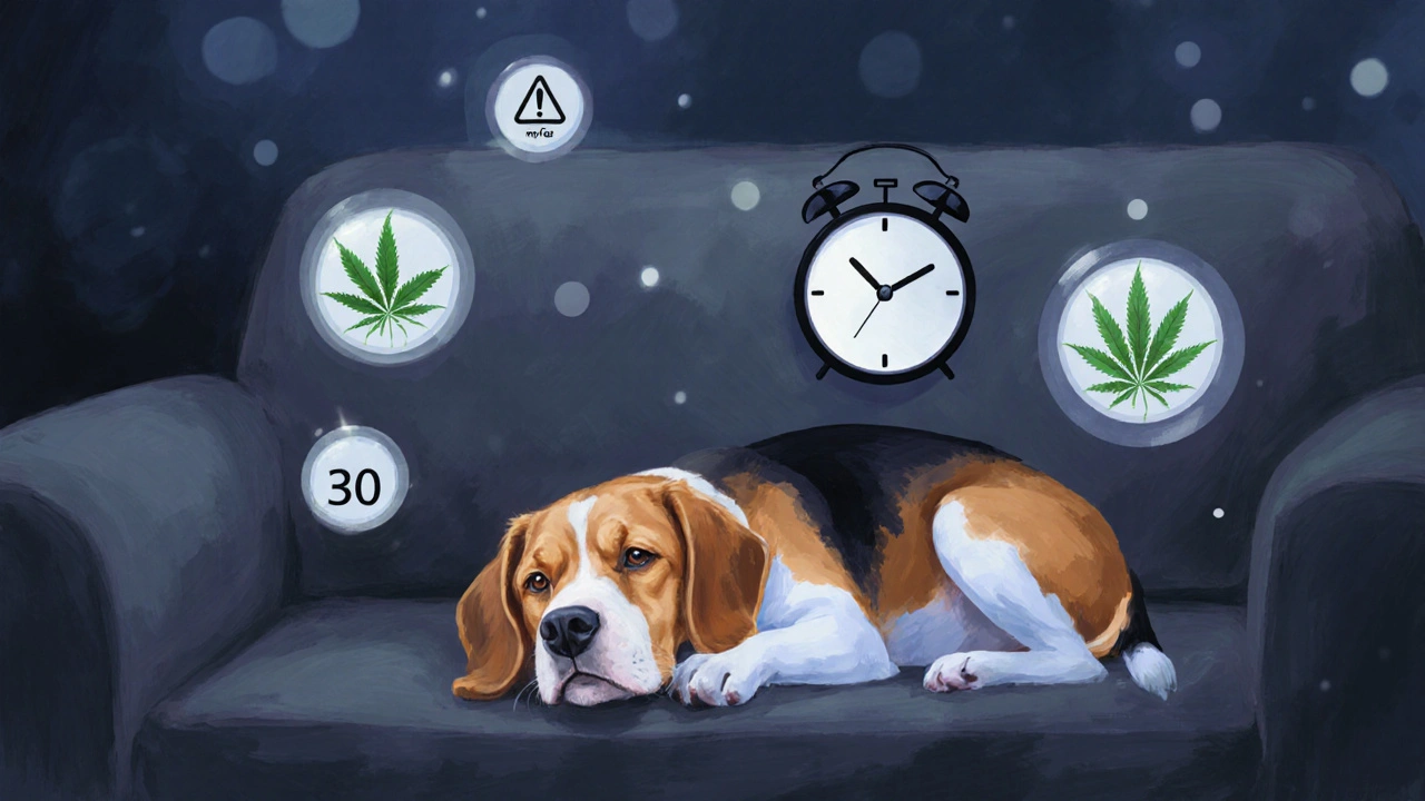 Mittlerer Hund wirkt schläfrig mit CBD-Warnsymbolen um sich herum.