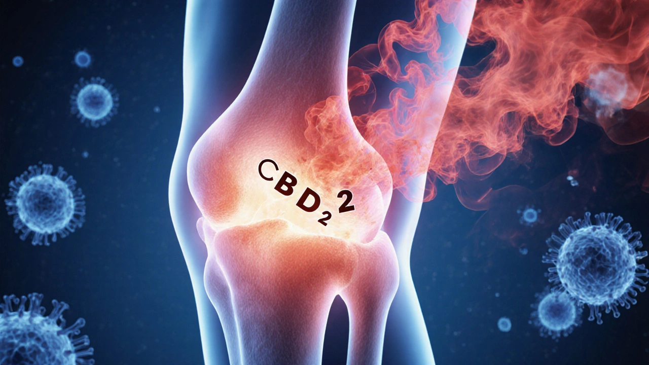 Molekulare Darstellung von CBD, das Entzündungsmarker in einem Gelenk hemmt.