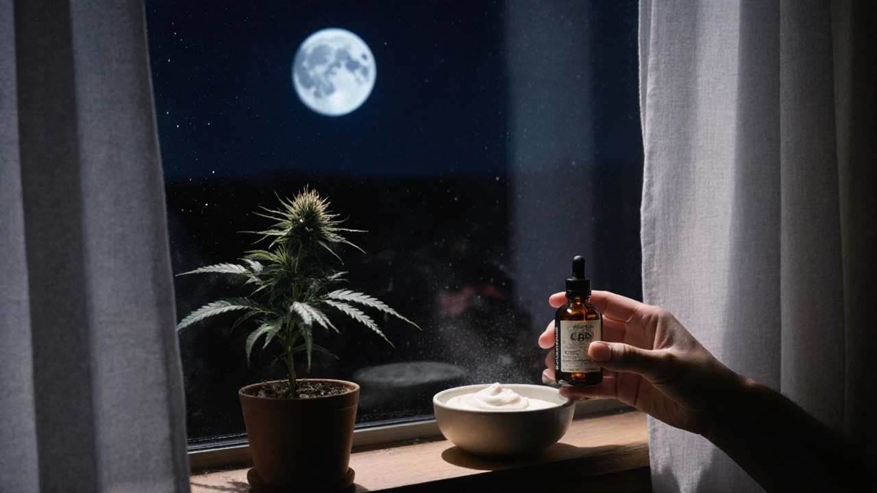 Nächtliche Pflegeritual mit CBD-Serum, Mondlicht und einer Hanfpflanze im Hintergrund.