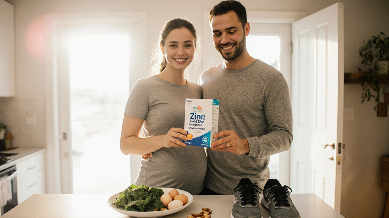 Paar in der Küche mit Nahrungsergänzungsmitteln und gesunden Lebensmitteln, bereit für eine Schwangerschaft.