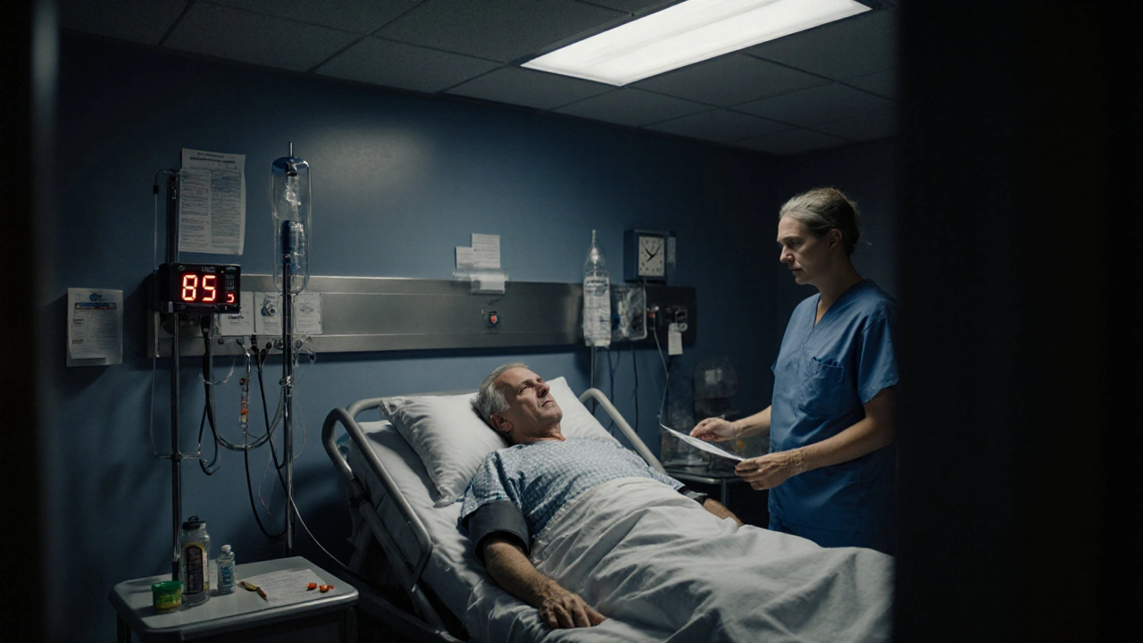 Patient im Krankenhaus mit niedrigem Blutdruck, CBD-Flasche und Viagra-Pille auf dem Nachttisch.