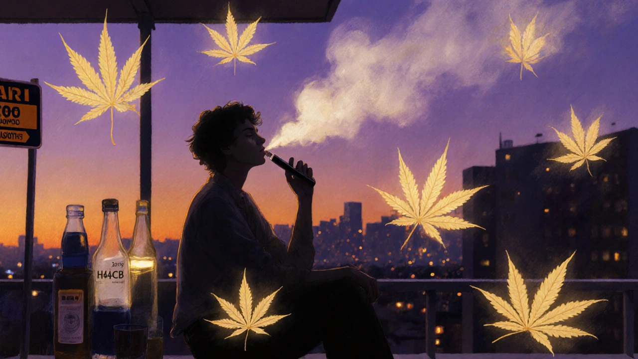 Person auf Balkon bei Dämmerung, vape mit sanftem Dampf, umgeben von leuchtenden CBD- und H4CBD-Blättern.