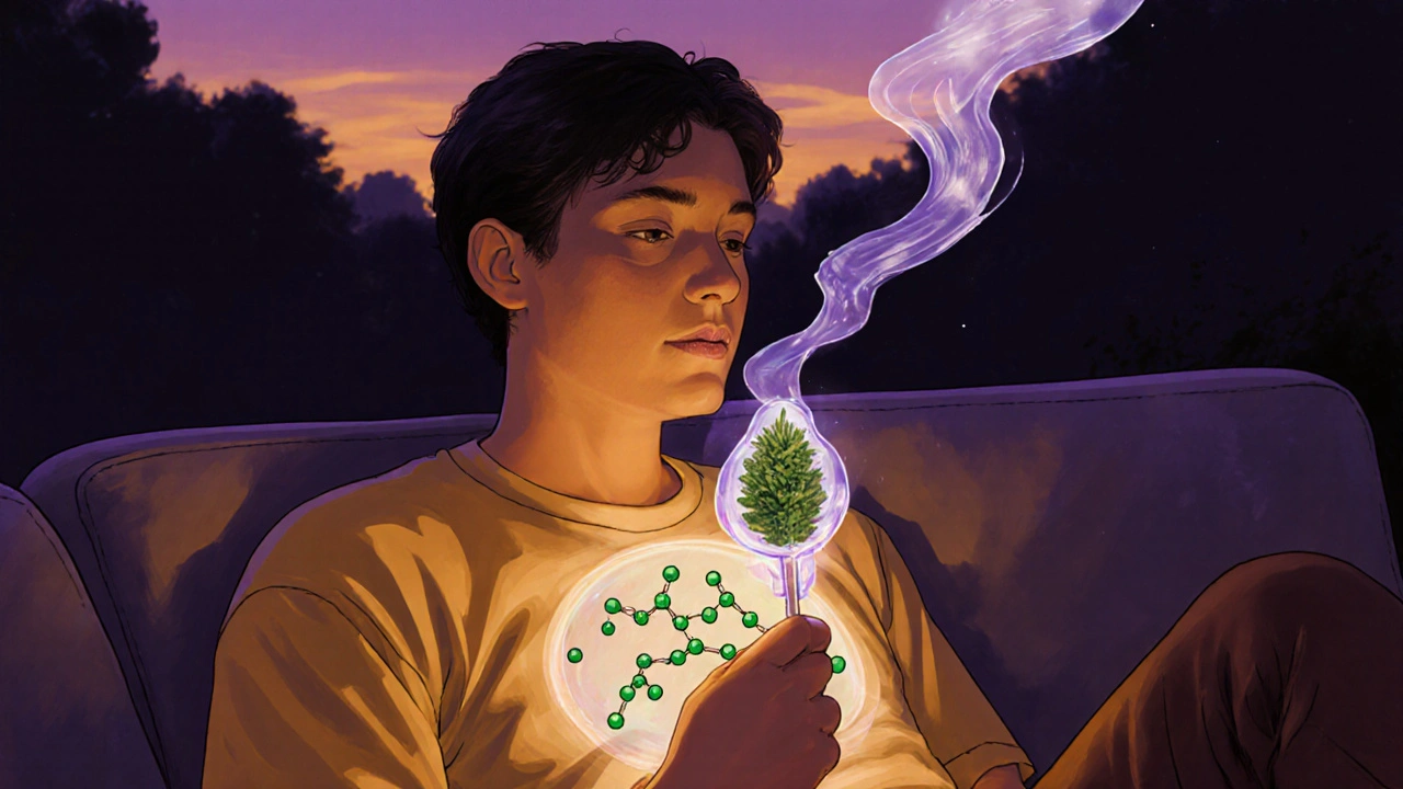 Person hält halben Cannabis-Lutscher, mystische Moleküle steigen aus dem Körper auf.