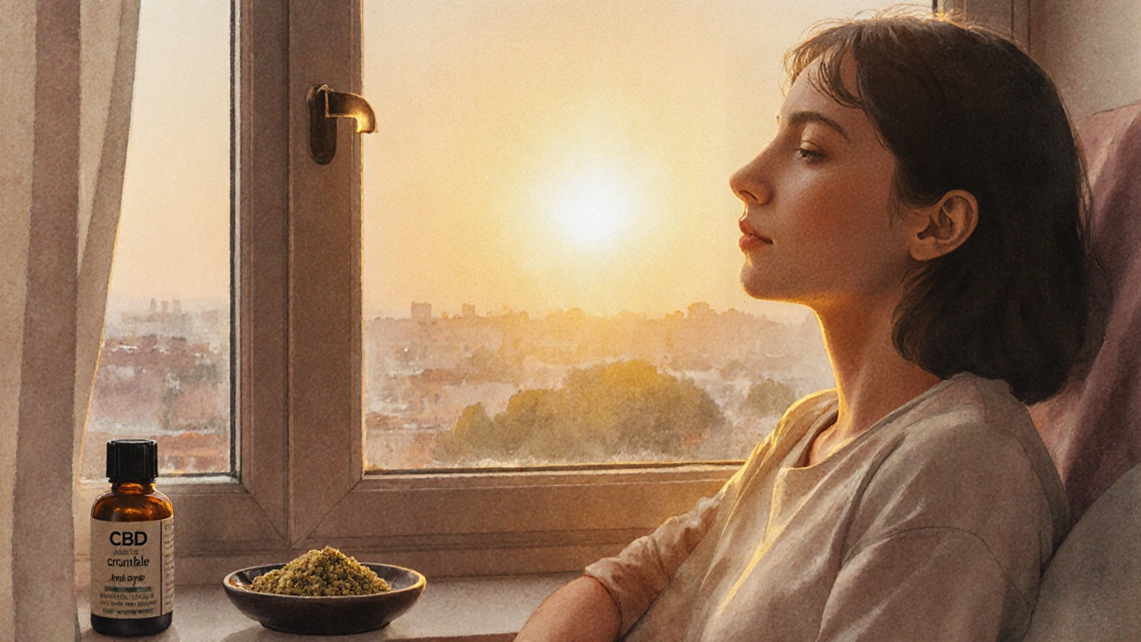 Person sitzt ruhig am Fenster bei Tagesanbruch, atmet tief und entspannt.