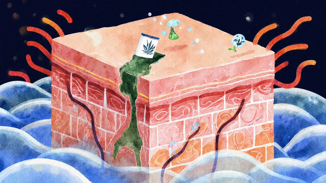 Querschnitt der Haut mit CBD-Molekülen, die die Barriere reparieren und Entzündungen beruhigen.