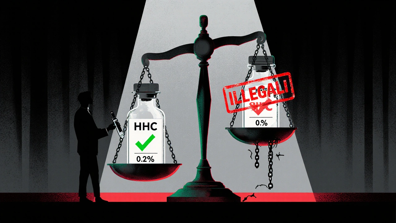 Rechtswaage mit HHC auf der legalen Seite und Delta-9 auf der illegalen Seite, umgeben von Schatten und Warnsymbolen.