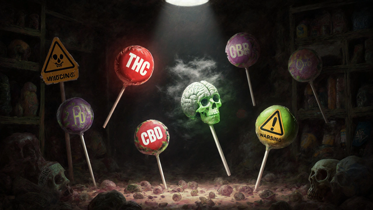 Schwebende Süßigkeiten in einem magischen Laden, eine offenbart ein verwirrtes Gehirn.