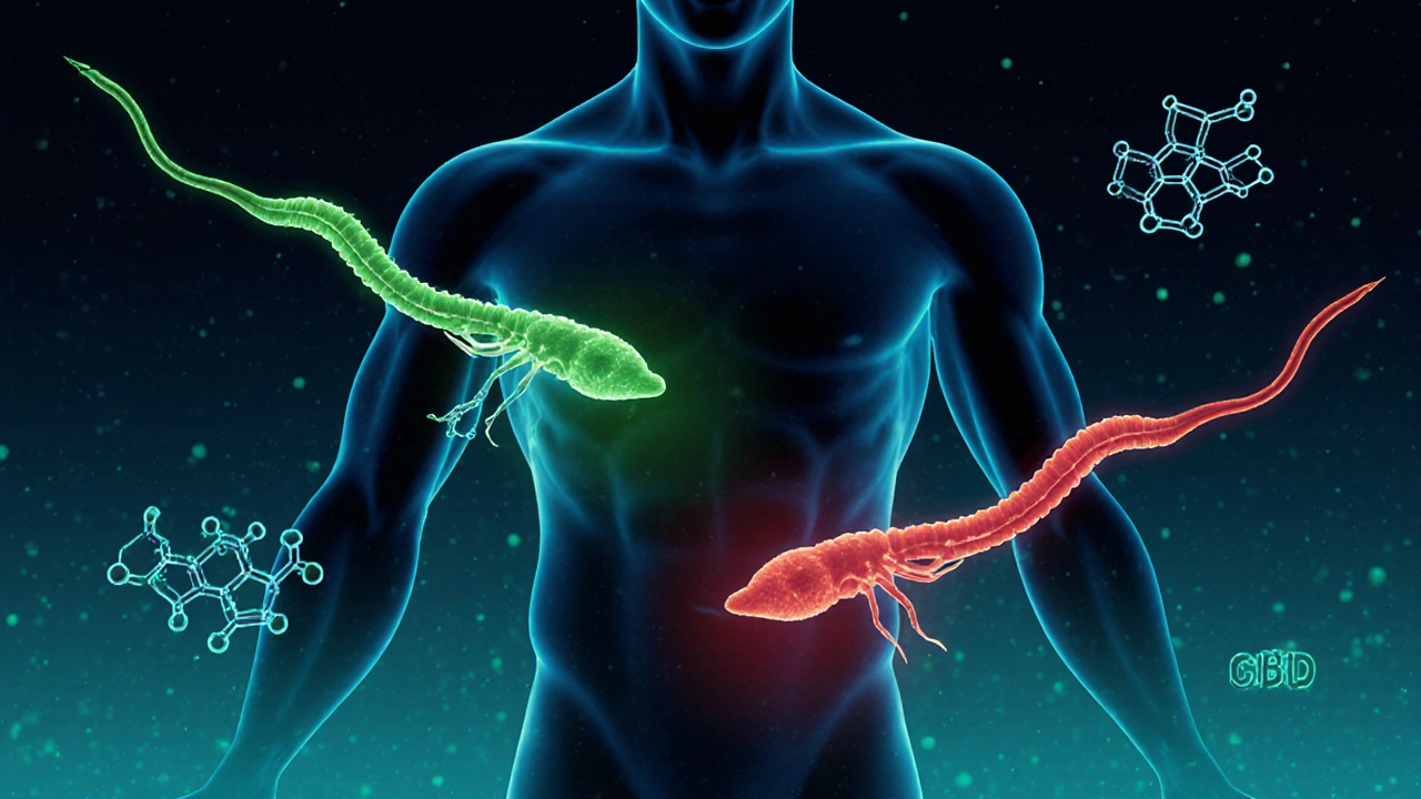 Spermien schwimmen durch einen Körper, wobei ein Pfad gesund und ein anderer durch CBD beeinträchtigt ist.