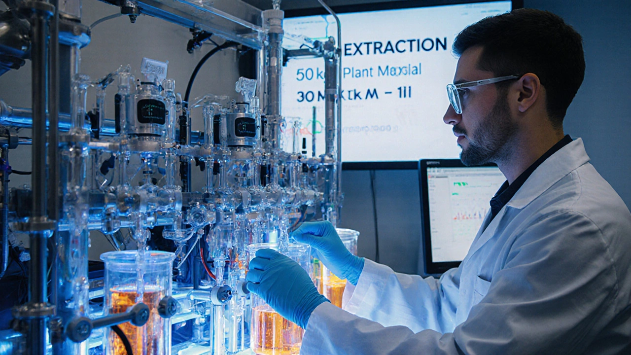 Techniker in Labor mit Chromatographie-Gerät, das CBN aus großen Mengen Pflanzenmaterial extrahiert.