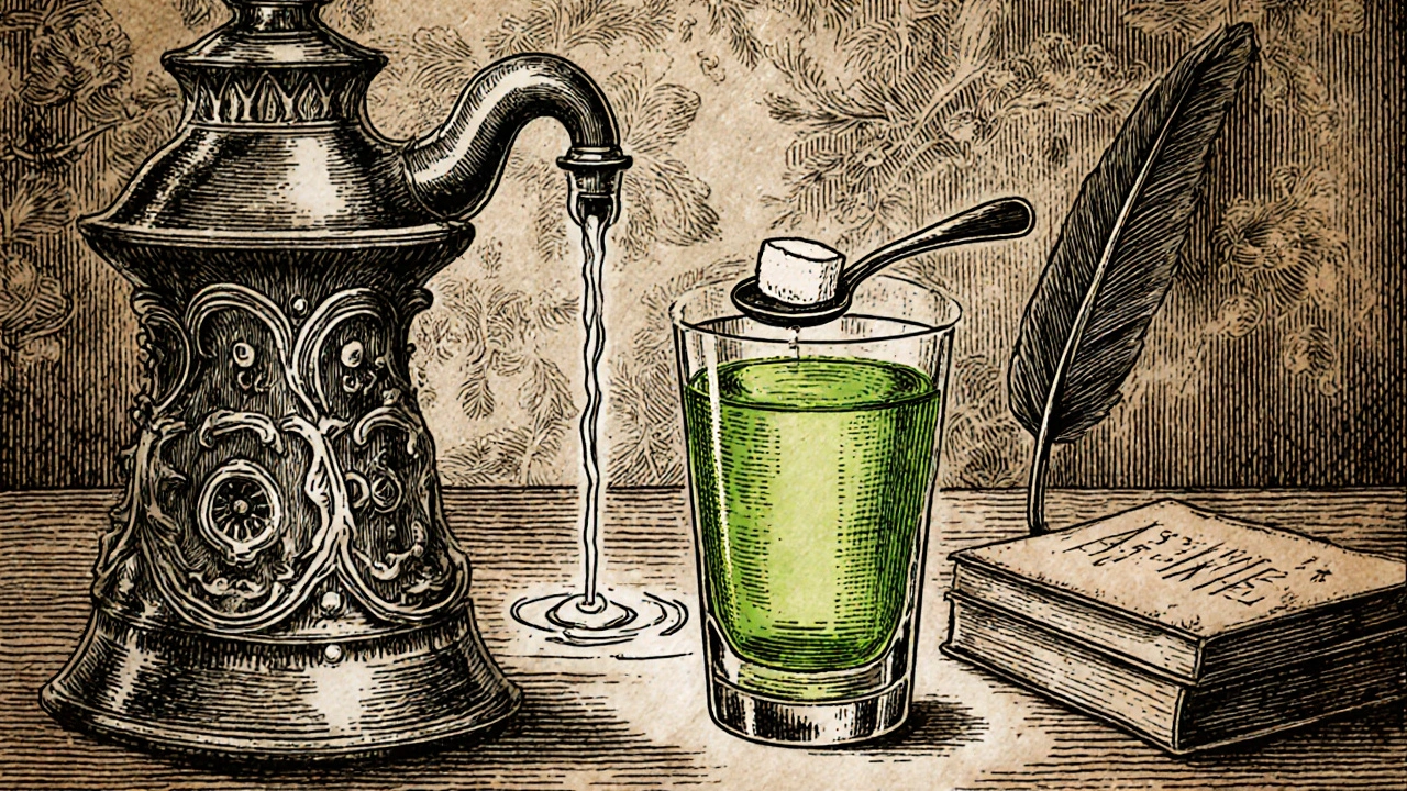 Traditionelle Absinth-Zubereitung mit Zuckerwürfel, Löffel und Wasserstrahl, der die Flüssigkeit trübt.