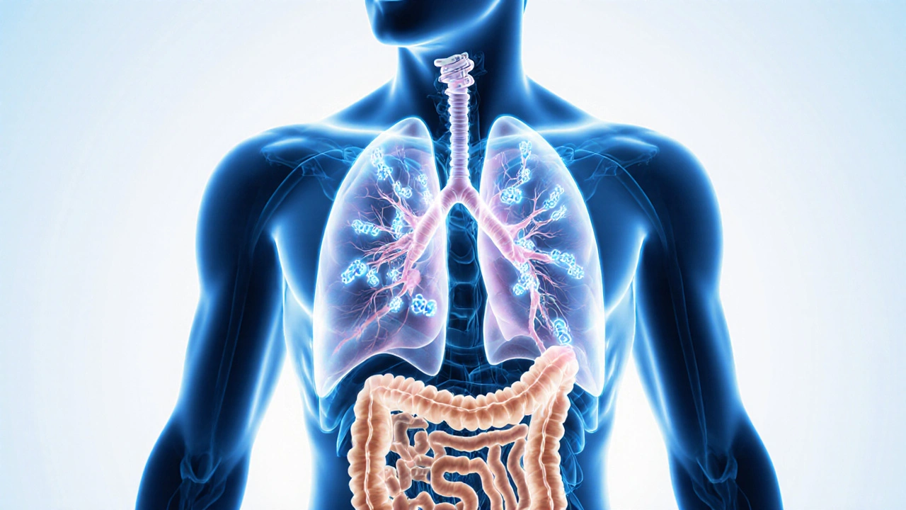 Transparent human lungs with glowing CBD molecules entering the bloodstream directly.