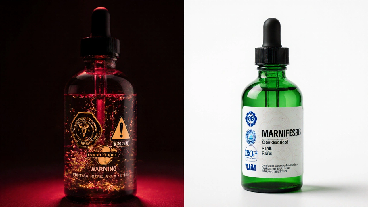 Vergleich: kontaminiertes CBD-Öl links, zertifiziertes, reines CBD-Öl rechts.