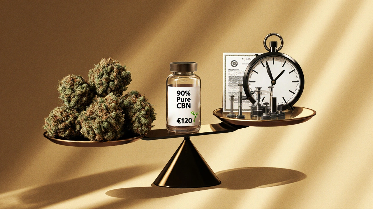 Waage mit CBN-Öl und verborgenen Kosten: Pflanzen, Labor, Zertifikate, Zeit — für echte Reinheit.