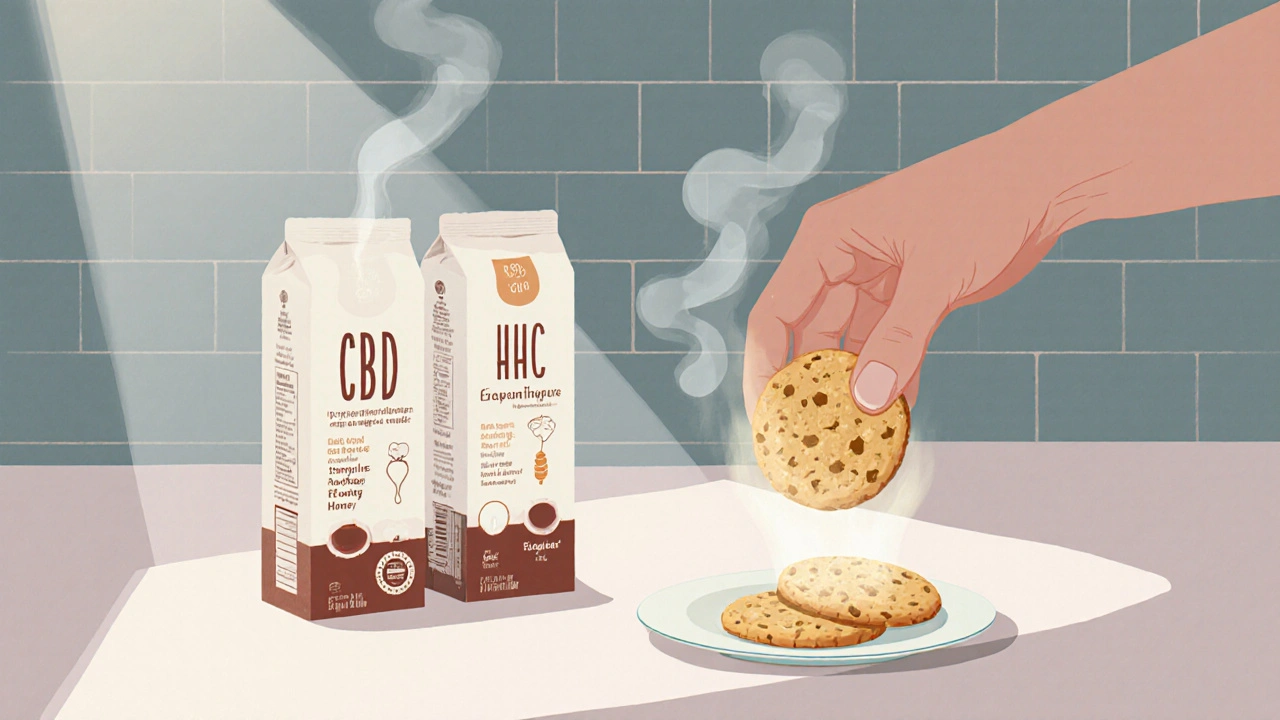 Zwei Kekse auf der Theke, einer mit CBD, einer mit HHC, sanft beleuchtet.