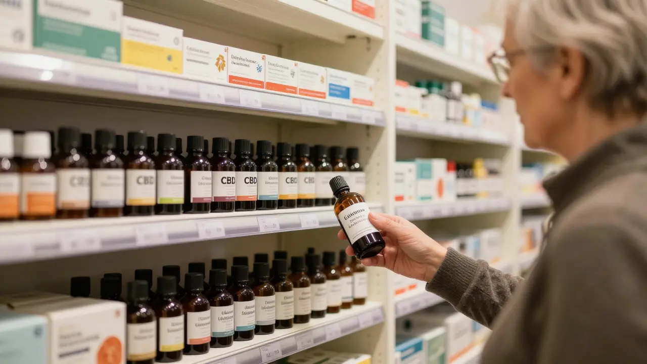 Apotheke in Deutschland mit CBD-Wein-Flaschen auf dem Regal