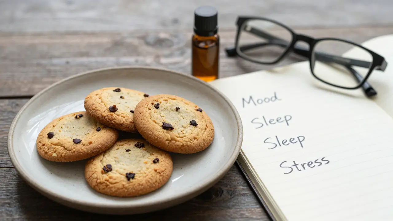 Drei CBD-Cookies auf einem Teller mit Notizbuch und Brille, ruhige, natürliche Szene.