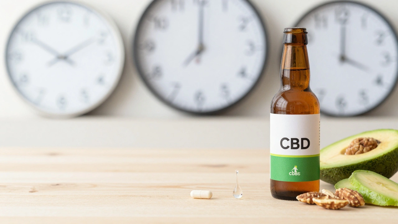 Drei Methoden der CBD-Einnahme: Tropfen, Kapsel und Getränk, begleitet von Nüssen und Avocado.