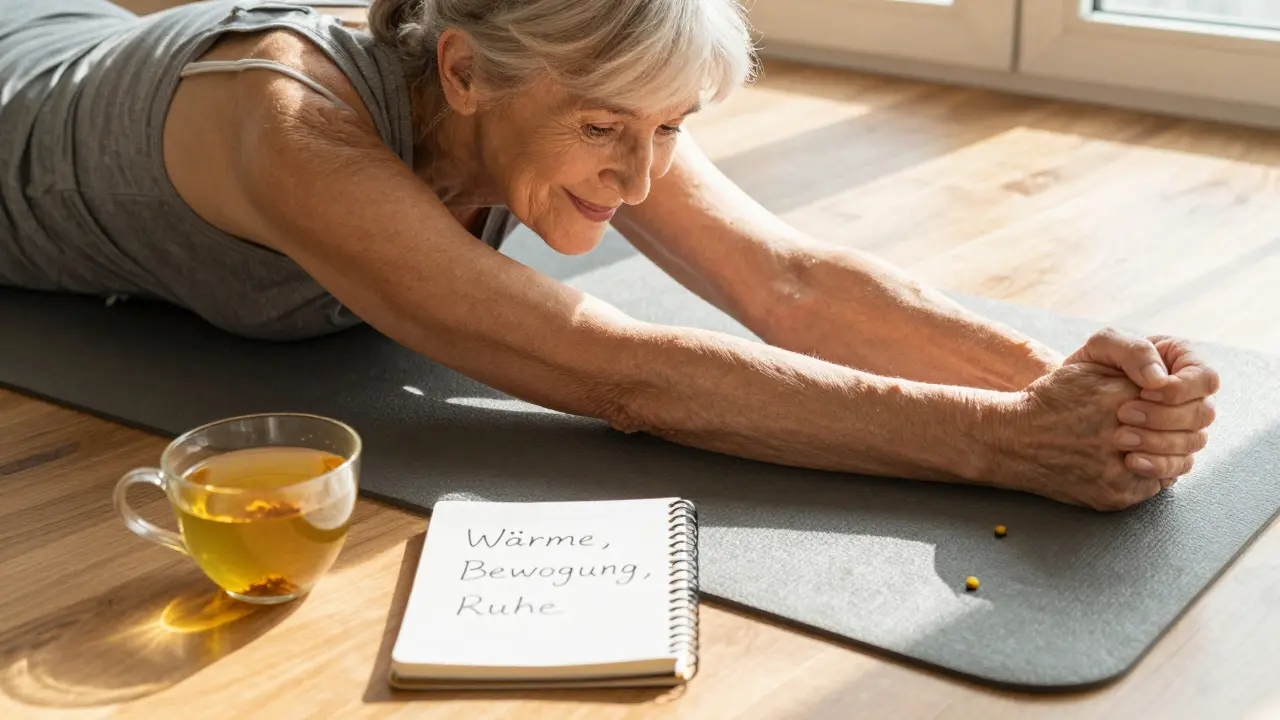 Eine ältere Frau dehnt sich sanft auf einer Matte, neben ihr eine Tasse Kurkumatee – eine natürliche Alternative zu Medikamenten.
