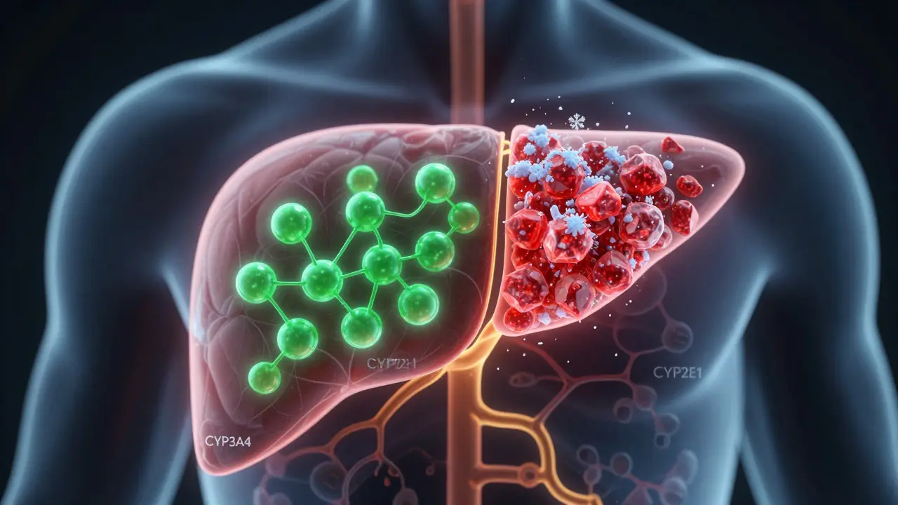 Eine schematische Darstellung der Leber mit CBD-Molekülen und Tylenol-Kristallen, die im Enzymsystem konkurrieren und zu Überlastung führen.