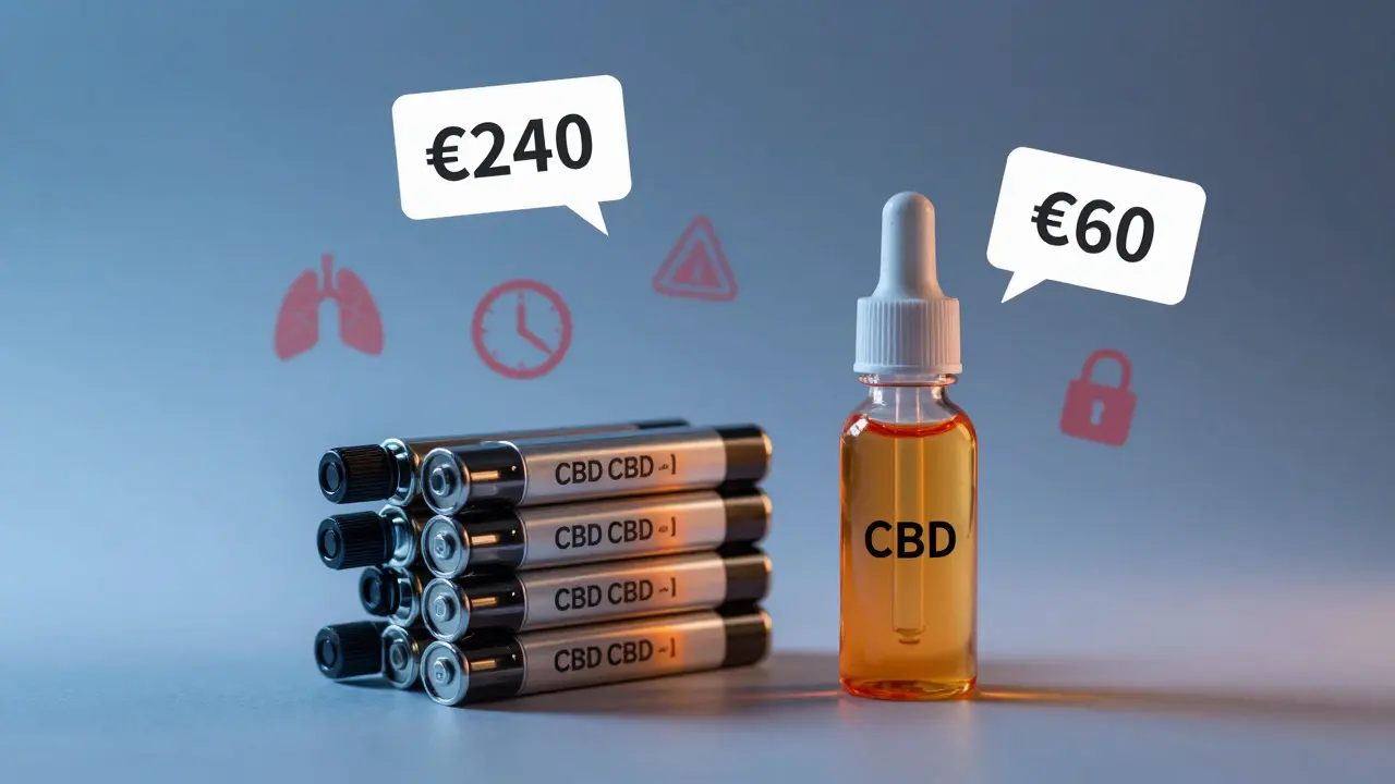 Fünf CBD-Kartuschen neben einer CBD-Öl-Flasche mit Preisvergleich und Warnsymbolen.