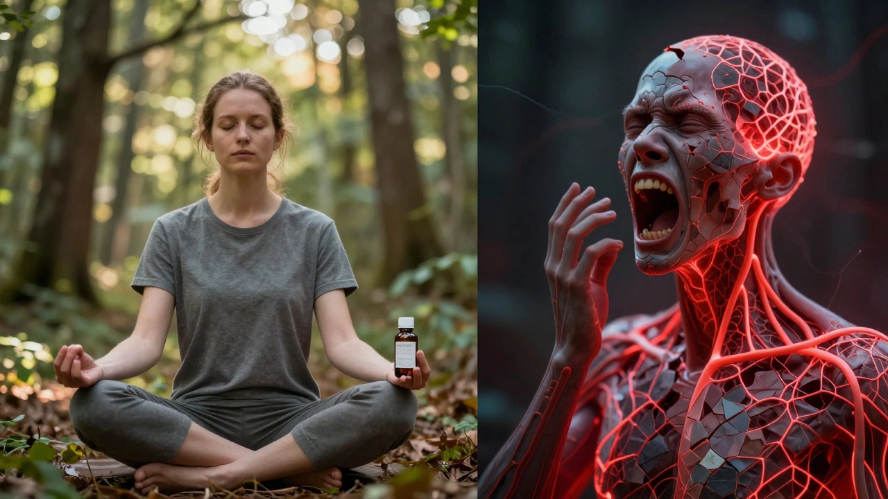 Gegensatz: ruhige Person in Natur mit CBD vs. verzerrte Figur mit überstimulierten Nervenbahnen.