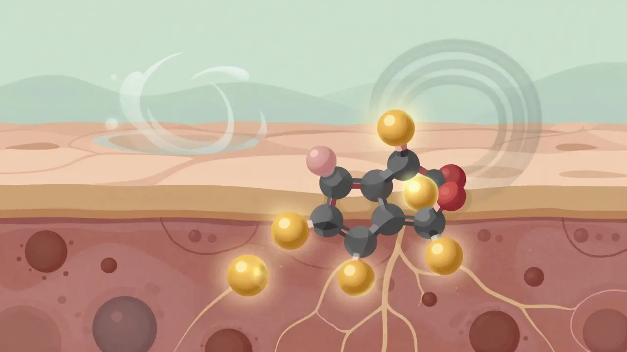 Glowende CBD-Moleküle dringen in die Haut ein und interagieren mit Nervenenden und Rezeptoren, entzündungshemmend.