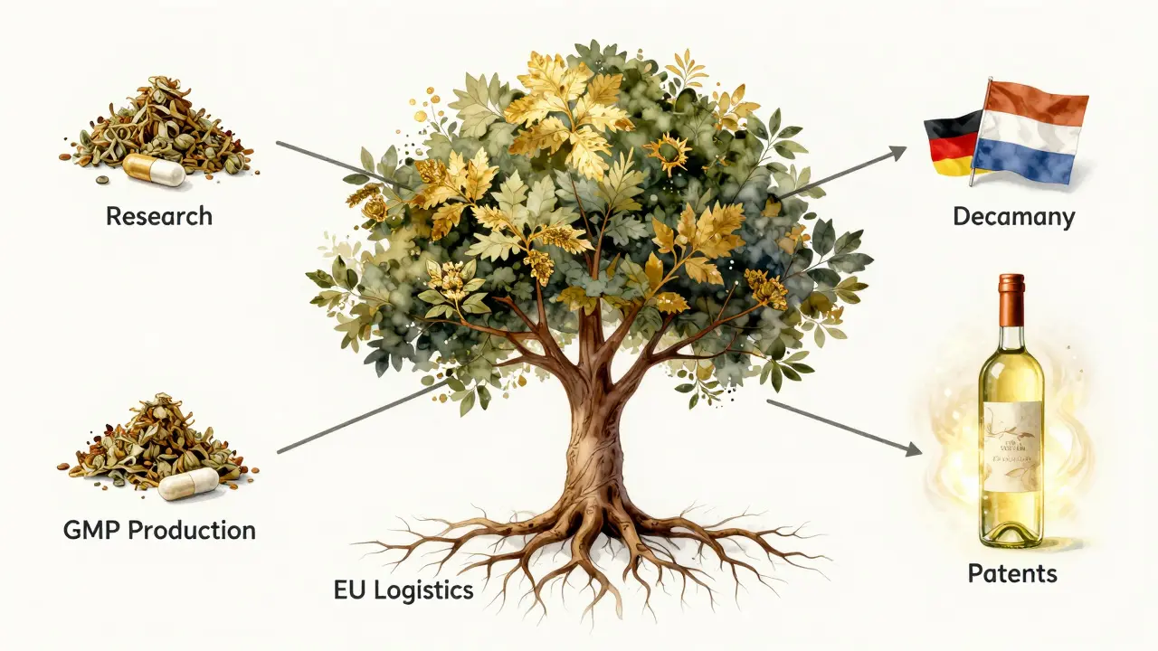 Konzeptuelles Diagramm eines globalen Cannabis-Ökosystems mit Weinflasche als Zentrum