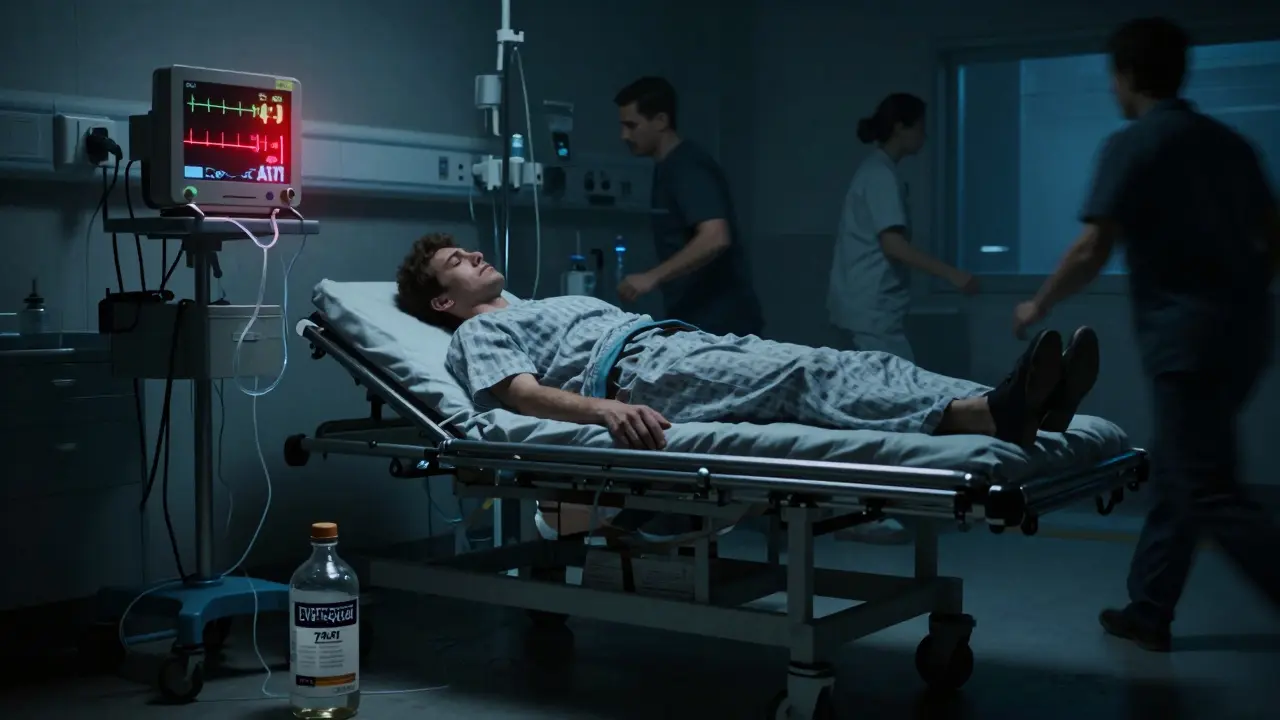 Krankenhausnotaufnahme: bewusstloser junger Mann, leeres Everclear-Fläschchen am Boden, medizinisches Personal in Eile.