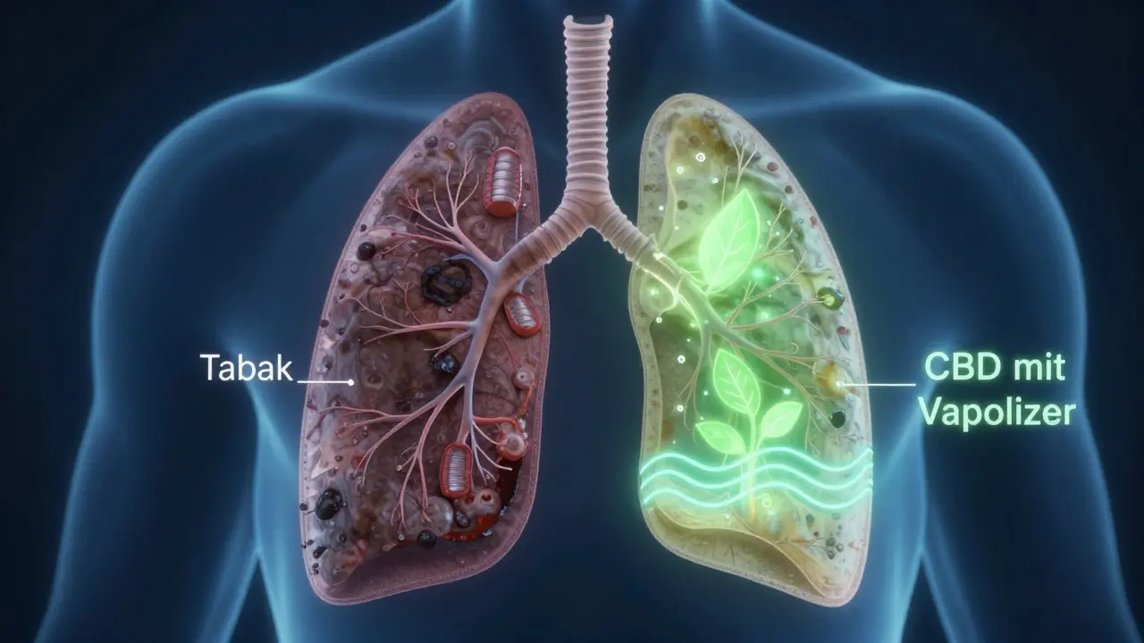 Lungen-Darstellung: eine schwarz verfärbt, die andere mit grünem Licht und Heilsymbolen, medizinisch-konzeptionell.