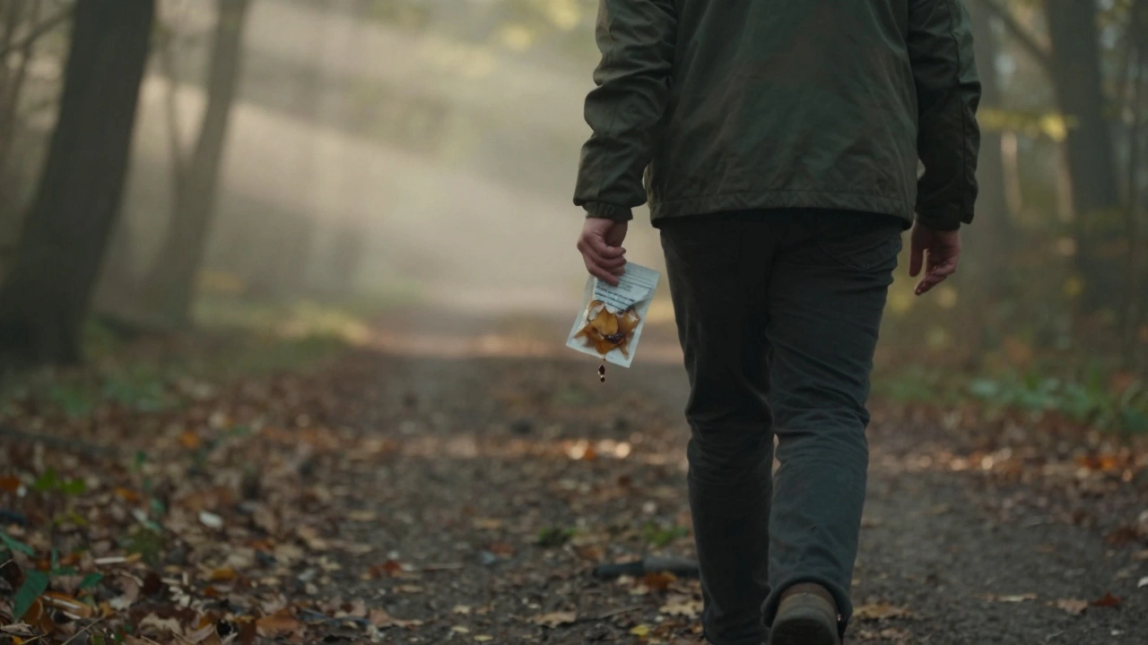 Mensch geht langsam durch einen nebligen Wald bei dawn, hält eine ungeöffnete Edible-Verpackung, ruhige Stimmung.