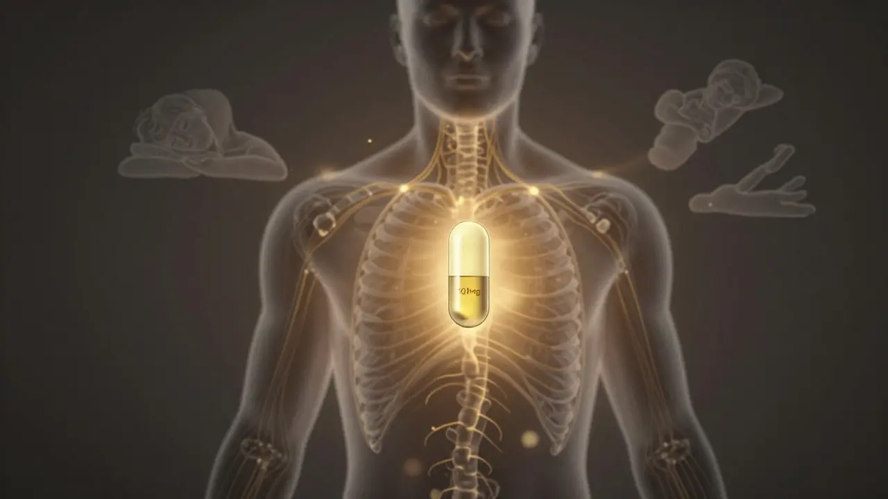 Menschliche Silhouette mit goldenem Lichtstrahl aus einer CBD-Kapsel, die das Endocannabinoid-System aktiviert und Stress auflöst.