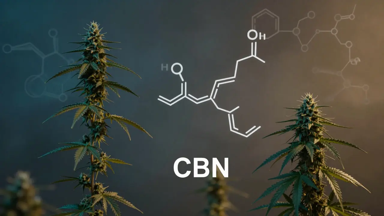 Molekülstruktur von CBN über einer Aufteilung von Sativa- und Indica-Pflanzen, symbolisch für chemische Unabhängigkeit.