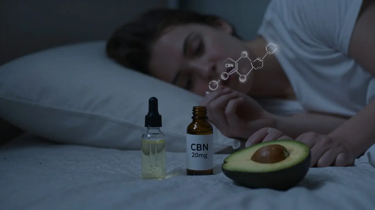 Person im Bett mit CBN-Tropfenflasche, Kokosöl und Avocado, sanft vom Mondlicht beleuchtet.