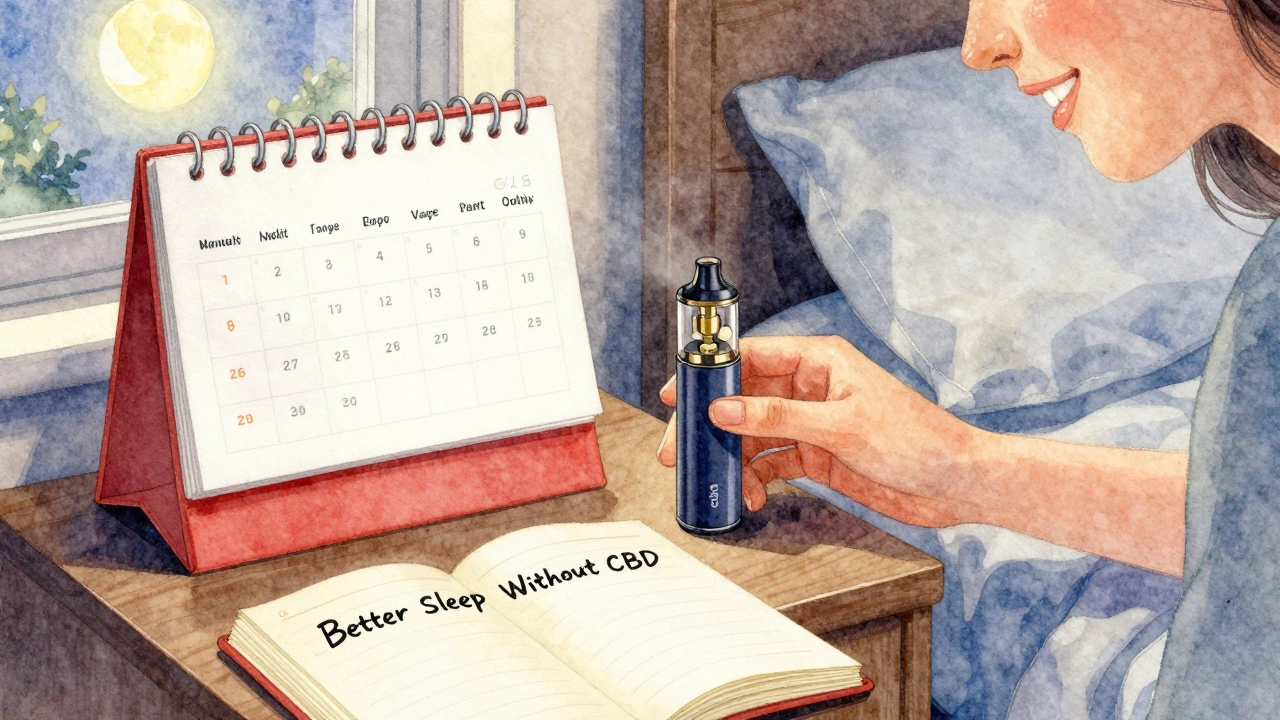 Person legt das Vape-Gerät beiseite, während ein Kalender sieben Tage ohne Nutzung zeigt.