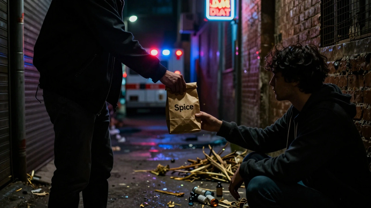 Schattenhafte Übergabe eines Spice-Päckchens in einer dunklen Gasse mit ambulanter Lichtreflexion.