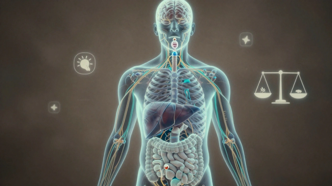 Transluzenter menschlicher Körper mit leuchtendem Endocannabinoid-System und CBD-Molekül, das durch den Körper reist.