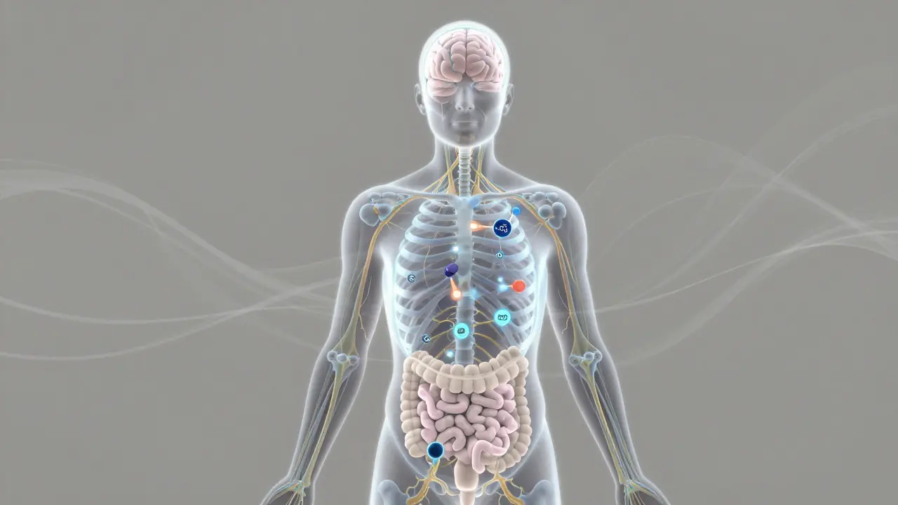 Transluzenter menschlicher Körper mit leuchtendem Endocannabinoid-System und Serotonin-Rezeptoren.