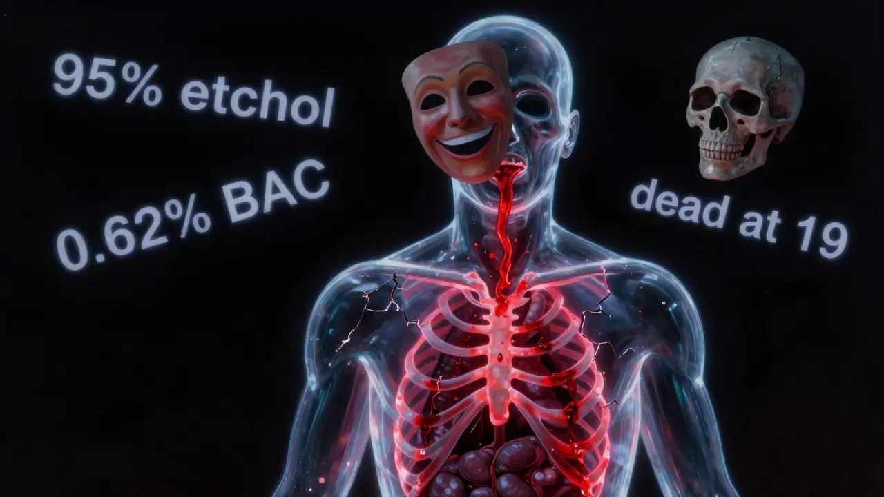 Transparenzfigur mit alkoholischem Strom im Körper, Gesicht halb Maske, halb Schädel, symbolische Darstellung tödlicher Wirkung.