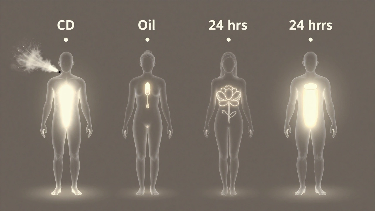 Vergleich der Wirkdauer von CBD-Vape, Öl, Kapseln und Creme in transparenten Körpersilhouetten mit Zeitmarkern.