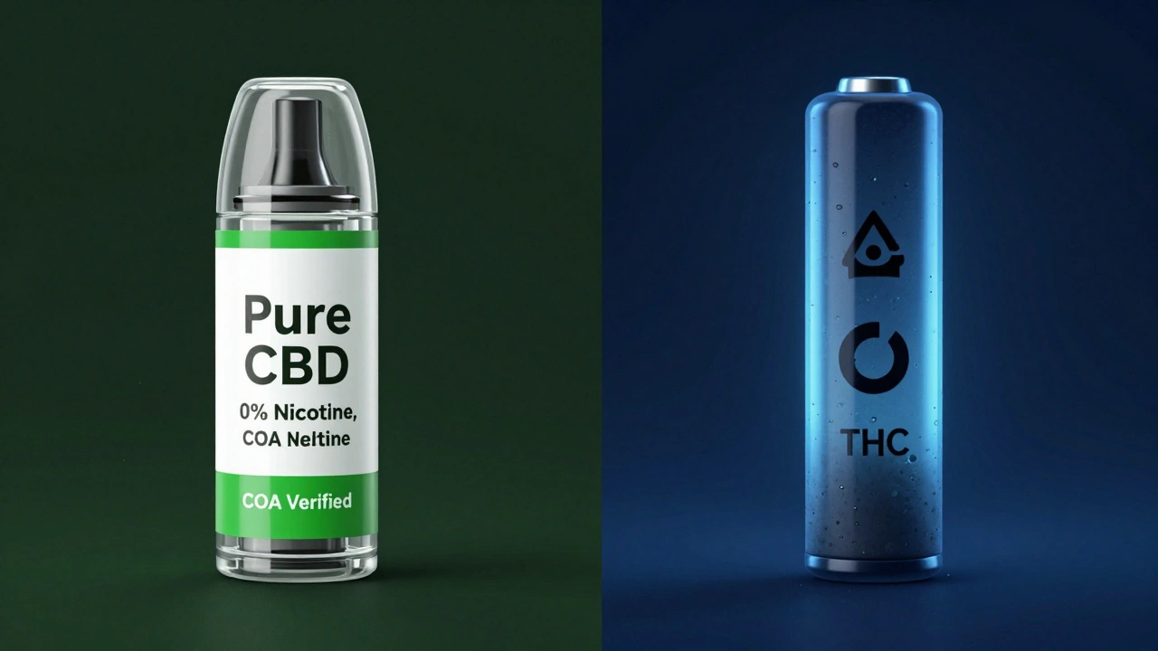 Vergleich: klare CBD-Cartridge mit Zertifikat neben verstecktem Nikotin in minderwertigem Produkt.