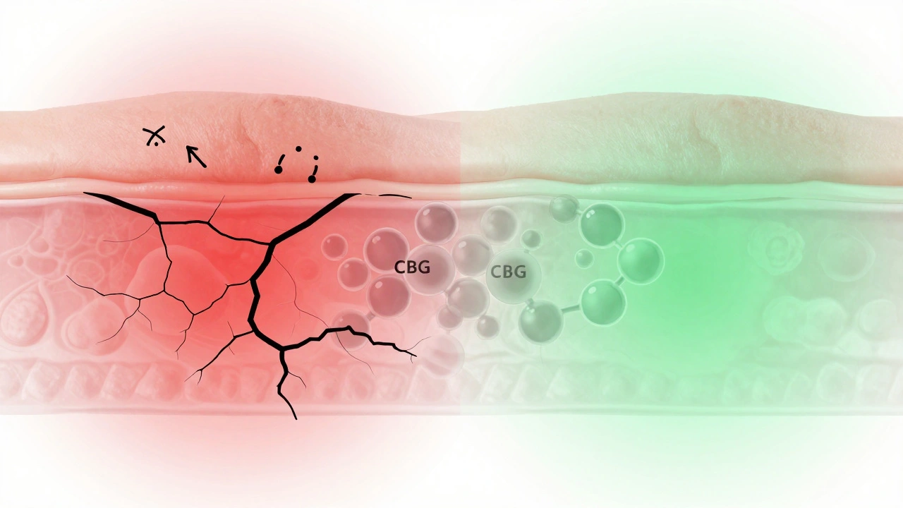 Vergleich von gereizter Haut vor und nach CBG-Anwendung.