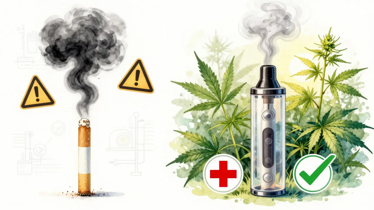 Vergleich: Zigarette mit schädlichem Rauch links, CBD-Dampf mit Pflanzen rechts, künstlerische Darstellung.