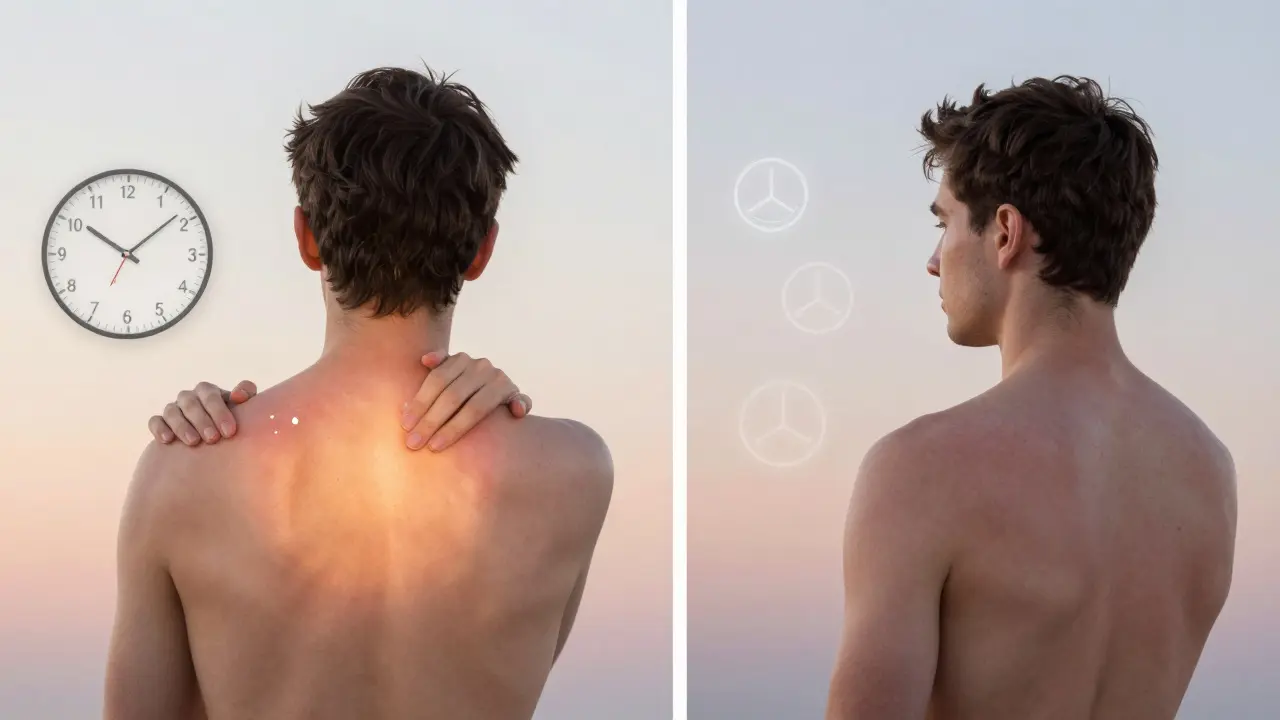 Vergleich zweier Zeitlinien: CBD-Anwendung nach 15 Minuten und nach drei Wochen mit sichtbar beruhigter Haut.