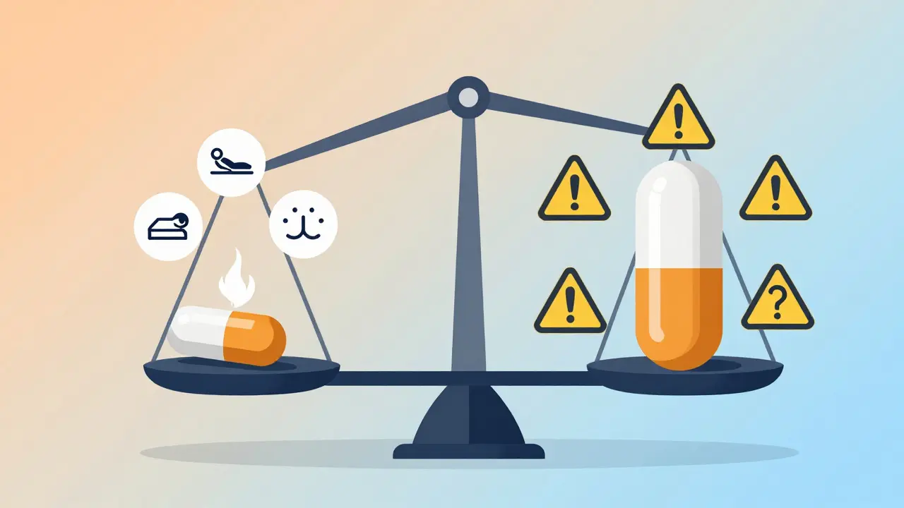 Waage mit kleiner CBD-Kapsel und positiven Effekten gegenüber großer Kapsel mit Warnzeichen, visueller Vergleich der Dosierung.