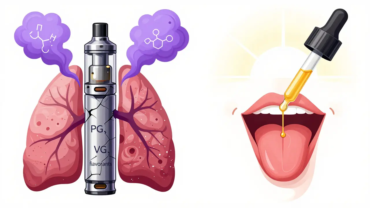 Zwei Wege: links beschädigte Lunge durch Dampf, rechts sichere CBD-Tropfen auf der Zunge.