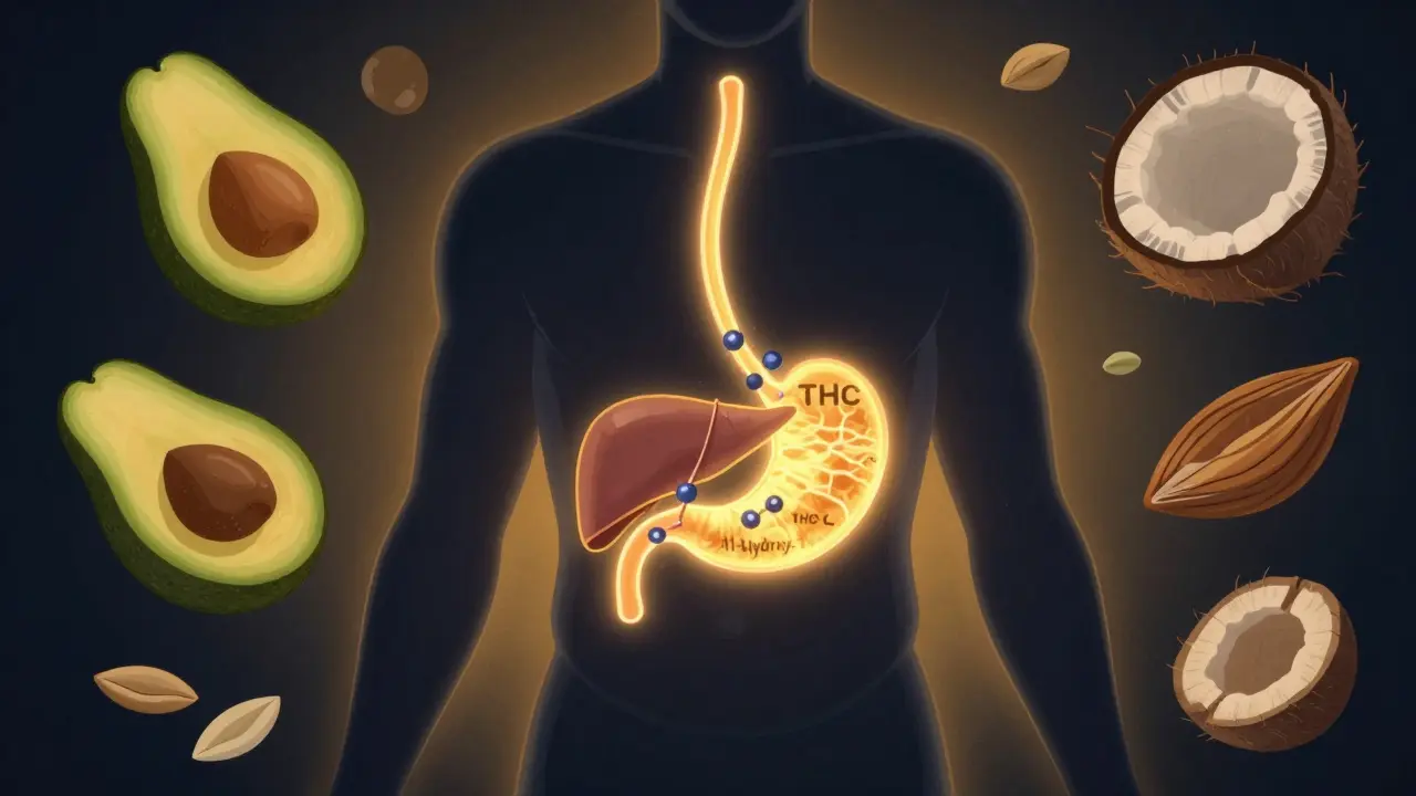Abstrakte Darstellung des THC-Stoffwechsels im Körper, mit Fettquellen, die die Aufnahme unterstützen.
