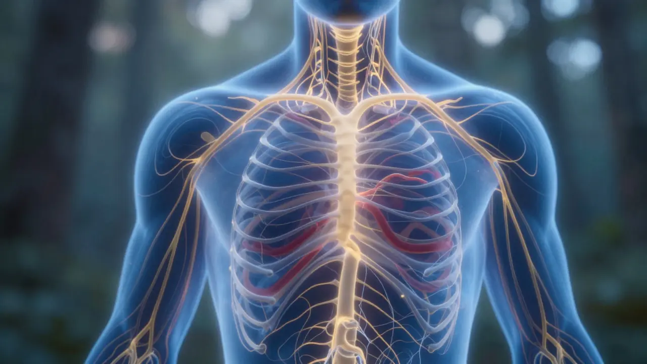 Abstrakte Darstellung eines beruhigten Nervensystems in blauen und goldenen Lichtwellen.