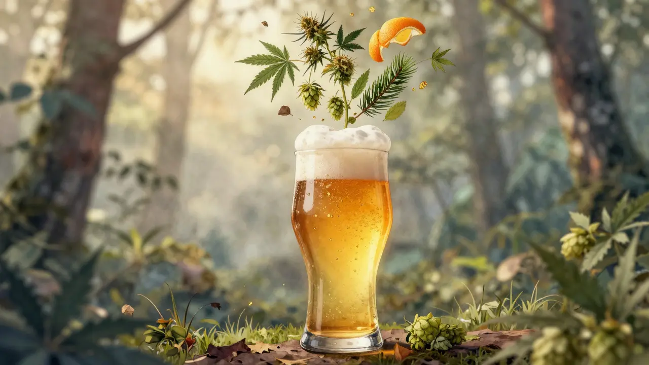 Bierglas mit CBD-IPA, darüber schweben Hanfblüten, Zitronenschalen und Nadeln in einer natürlichen, malerischen Wolke aus Aromen.